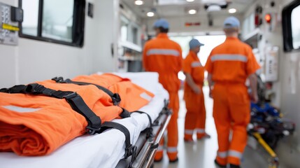 Emergency medical transport scene inside ambulance with paramedics and equipment
