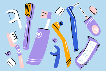 A large set for personal dental hygiene, electric and manual toothbrushes, dental floss, chewing gum
