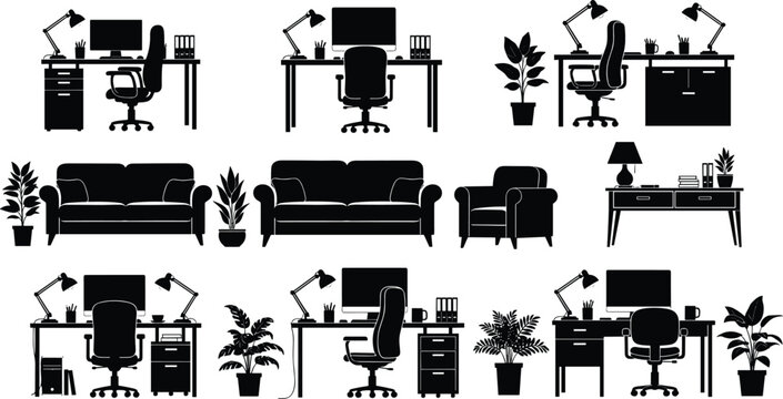 Home office workspace silhouettes, desk computer furniture interior, modern work from home setup, living room sofa plants design