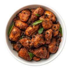A bowl filled with saucy chicken wings, complemented by fresh green leaves, isolated on transparent background