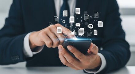 Businessman managing digital documents using a mobile phone for efficient workflow and smart technology integration in modern business