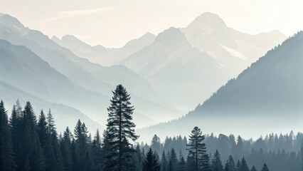 Fototapeta premium Stunning misty mountain range with evergreen forest, perfect for travel and nature blogs, evokes peace and serenity, alpine landscape wallpaper art print
