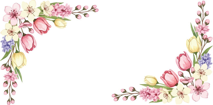 Delicate watercolor floral corner arrangement featuring tulips hyacinths and cherry blossoms on white background