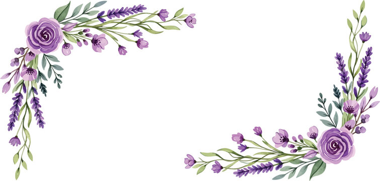 Elegant watercolor floral corner arrangement featuring purple roses and lavender sprigs on a white background