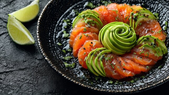 Fresh salmon carpaccio with delicate avocado rosettes and halved limes on a textured black plate in elegant modern gourmet food presentation