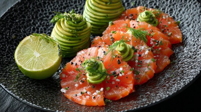 Fresh salmon carpaccio with delicate avocado rosettes and halved limes on a textured black plate in elegant modern gourmet food presentation