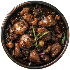 A bowl filled with saucy chicken wings, complemented by fresh green leaves, isolated on transparent background