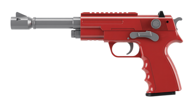 Futuristic red and gray gun design, weapon concept for games or creative projects, isolated design element