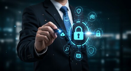 Closeup of a businessman in a suit touching a digital screen with a padlock icon, representing digital security and data privacy concepts