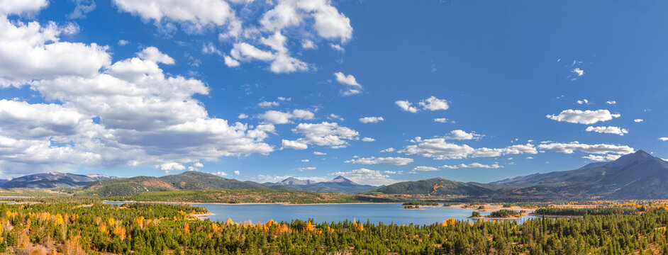 Dillon Reservoir valley panorama, between Frisco and Silverthorne Colorado, along the I70 highway, with Swan Mt and Mt Guyot on the left, Bald Mt in the middle, and Ophir Mt and Peak 1 on the right