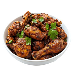 A bowl filled with saucy chicken wings, complemented by fresh green leaves, isolated on transparent background