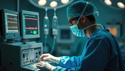 Anesthesiologist prepares anesthesia equipment in hospital operating room. Focused technician adjusts controls on complex medical machine. Precise work ensures patient safety during surgical