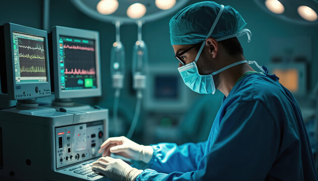 Anesthesiologist prepares anesthesia equipment in hospital operating room. Focused technician adjusts controls on complex medical machine. Precise work ensures patient safety during surgical