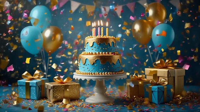 Festive birthday cake adorned with candles and surrounded by gifts, balloons, and confetti, creating a celebratory atmosphere