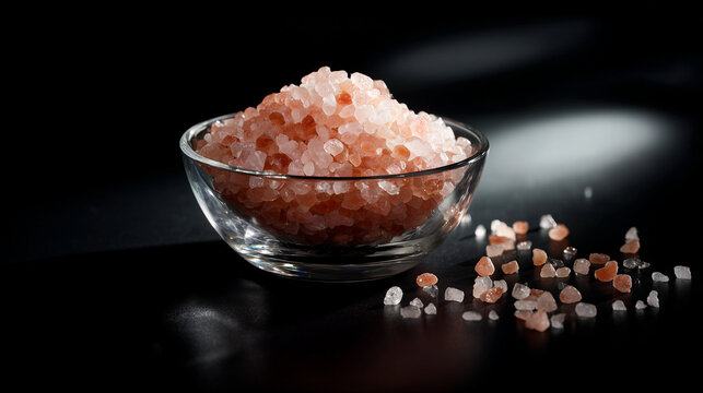 Pink salt crystals in transparent bowl on dark surface