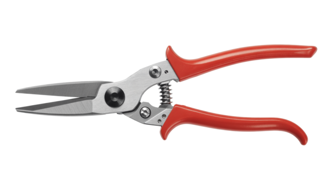 Professional floral snips with red handles used for precise flower cutting and gardening needs, tool efficiency
