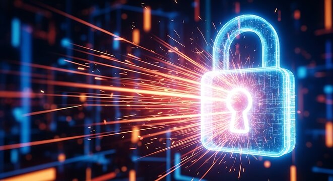 Glowing Digital Padlock with Fiery Sparks and Circuitry Background security technology - Powered by Adobe