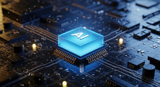 Electronic circuit board featuring a glowing blue Artificial Intelligence microchip processing data for modern technology solutions - Powered by Adobe