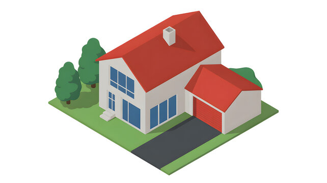 Isometric house illustration a modern residential building with a red roof and garage vector design isolated on white