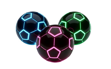 Fototapeta premium Three soccer balls with glowing neon lines isolated on transparent background