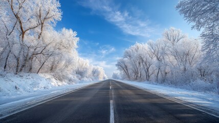 Obraz premium Snowy road and frosty trees under clear blue sky. AI image