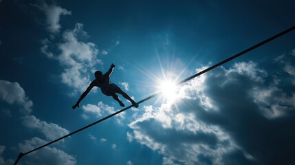 Silhouette Pole Vaulter Leaping Against Sun