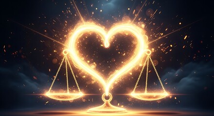 Glowing Heart Scales of Justice Symbol with Sparkles and Clouds balance love