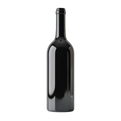 A black wine bottle stands upright against a simple gray background with a minimalist display, isolated on transparent background