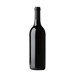 A black wine bottle stands upright against a simple gray background with a minimalist display, isolated on transparent background