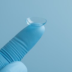 Transparent contact lens on gloved finger with clean blue medical background, eye care close-up