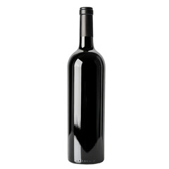 A black wine bottle stands upright against a simple gray background with a minimalist display, isolated on transparent background
