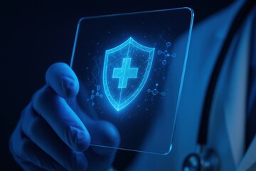 Cybersecure doctor holding futuristic medical tablet in blue light, digital healthcare security concept