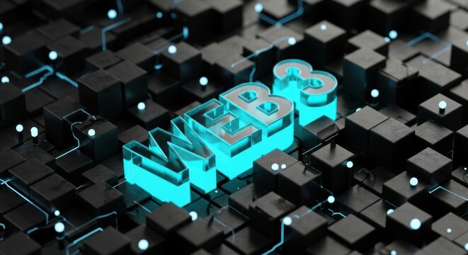 Abstract web3 technology concept with network connectivity and digital transformation on a dark cubic background for future innovation