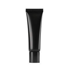 A sleek black tube with a matching black lid placed on a neutral gray background surface, isolated on transparent background