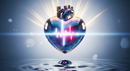 Chrome Heart with Heartbeat Line Over Reflective Water Surface metallic shiny