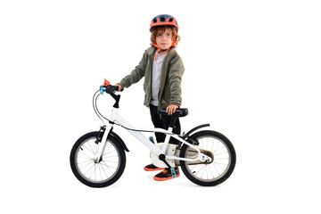  view of a child standing with his bicycle on a white background
