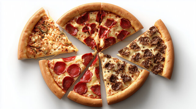 Assorted pizzas on white background