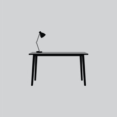 A sleek black desk with a minimalist lamp is showcased against a neutral gray background