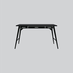 A sleek black console table with three drawers and tapered legs stands on a gray background