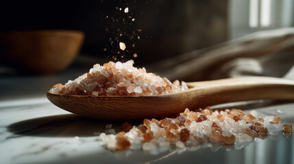 Lateral shot of pink salt grains in wooden spoon