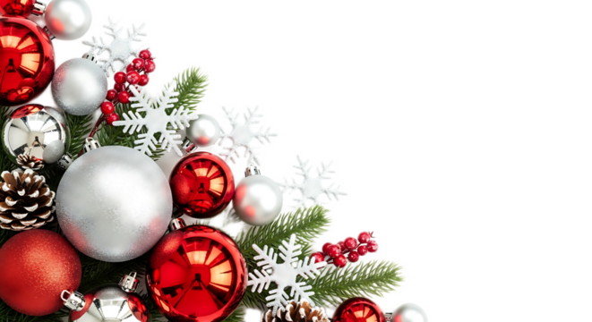 Corner christmas arrangement with red and silver ornaments and pine cones on green pine branches