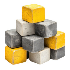 A tower of blocks in yellow and gray, stacked in a balanced formation, isolated on transparent background
