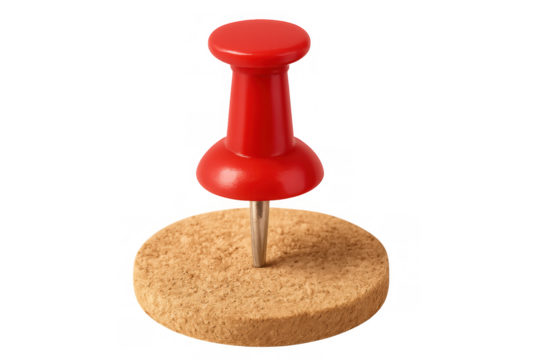 Red pushpin securing a cork round, ideal for office organization, planning, and holding important notes - Powered by Adobe