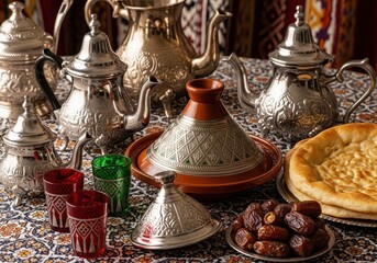 Luxurious Moroccan Tea Set with Tagine and Dates