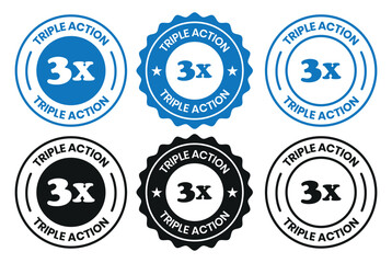 Triple Action - vector label for packaging label design. Triple Action sign, logo, badge, icon, sticker, label, emblem, stamp, symbol, black, line, flat vector, isolated illustration.