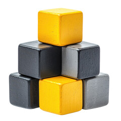 A tower of blocks in yellow and gray, stacked in a balanced formation, isolated on transparent background
