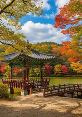 Traditional Korean Pavilion in a Beautiful Autumn Landscape