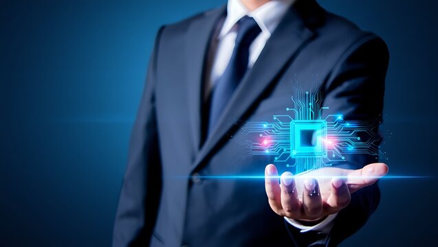 Businessman Holding a Glowing Microchip Symbol representing Technology Innovation and Future Digital Advancements in Business Solutions