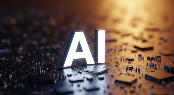 Illuminated letters AI sit atop a detailed motherboard showcasing computer hardware and advanced technological design principles