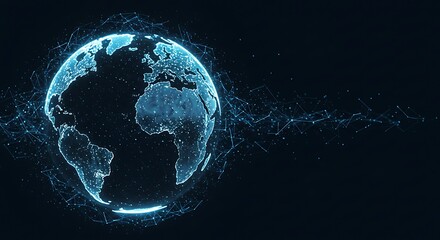 Digital glowing earth with abstract network connections and light particles on a dark background, representing global connectivity and technology